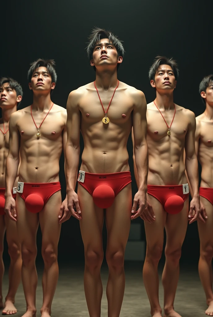 Five handsome men、、Japanese、Mash Hair、Completely naked、Full nudity、erection、Huge penis、Huge bulge、On stage、Sad look、Red thin-strap swimsuit、The swimsuit has a round number tag attached to it.