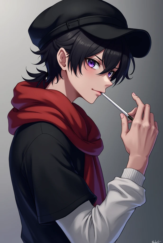 Boy man side turned looking forward, red scarf, Black t-shirt with white sleeves, black cap, black hair ponytail, loose black hair little, smiling madly smoking a cigarette, violet hunter-shaped eyes.