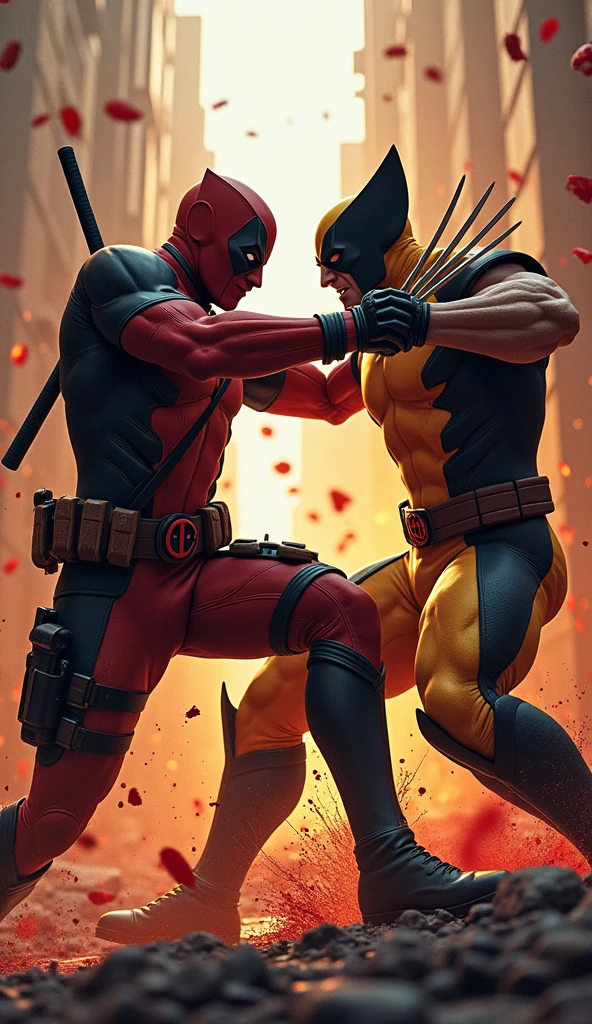 masterpiece, Highest quality, The best vantage point, Super detailed and intricate, Very delicate and beautiful, Highest quality light, (Ray Tracing:1.1),Deadpool and Wolverine、Bloody、Intense Combat