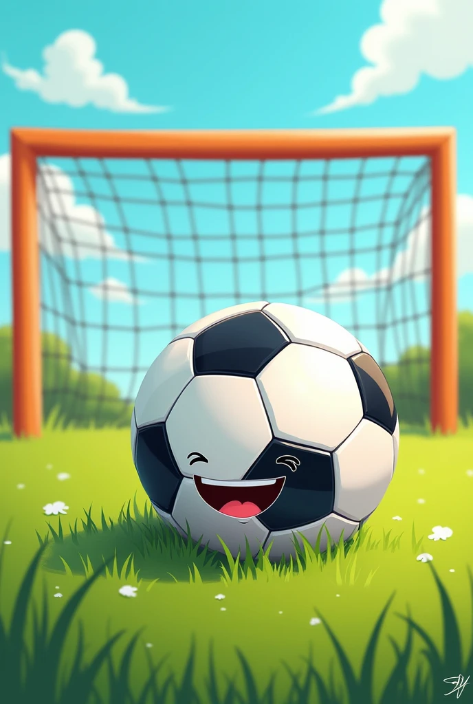 A soccer ball sitting on the grass next to a goal in a cartoon style