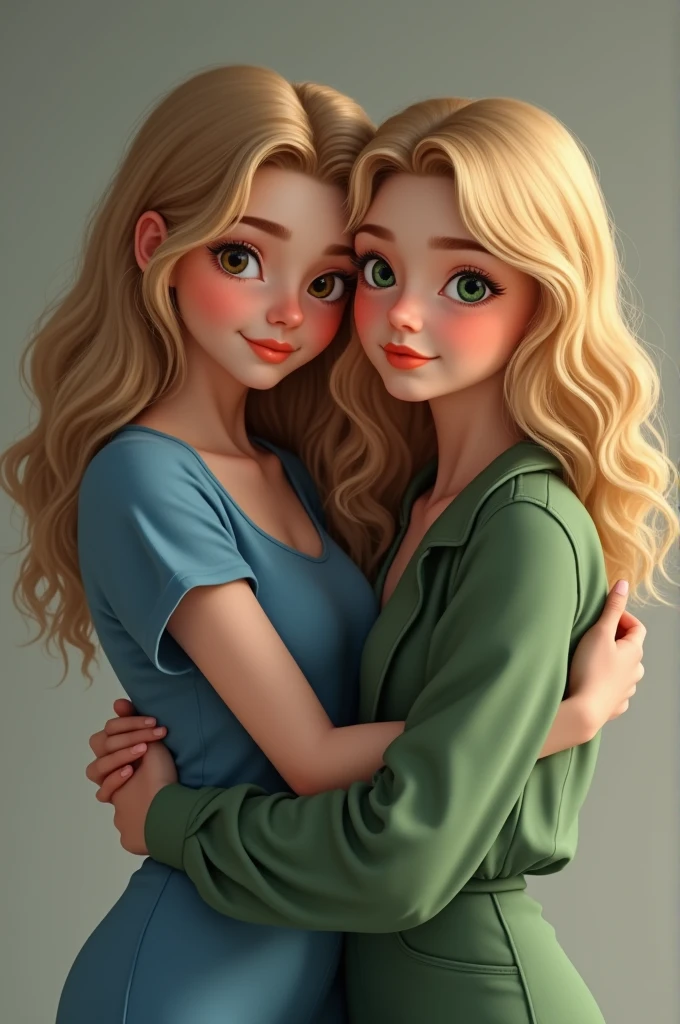 two 20 year old girls, a blonde with wavy brown eyes dressed in blue and a blonde with curly brown hair and green eyes dressed in green, both white and hugging each other