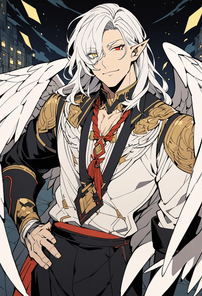 solo, ((waist-length art)), bottom, flat color, dark theme, night, 1 man, (mature man: 1.5), (friendly male face), elf_ear, mole under eye, ((( Long wavy white hair))), detailed eyes, heterochromia, (((left eye YELLOW))), (((right eye RED))), (masculine: 1.5), black fantasy clothing, white wings behind back, looking at viewer, adult, male age , cowboy shot