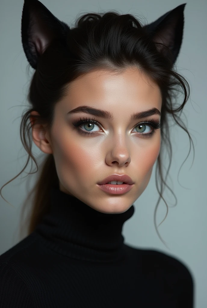 High quality photo, portrait, front photo, photo with hair up, front photo, black fur, light eyes, very beautiful, thick lips, thick eyebrow, fine nose, sharp face