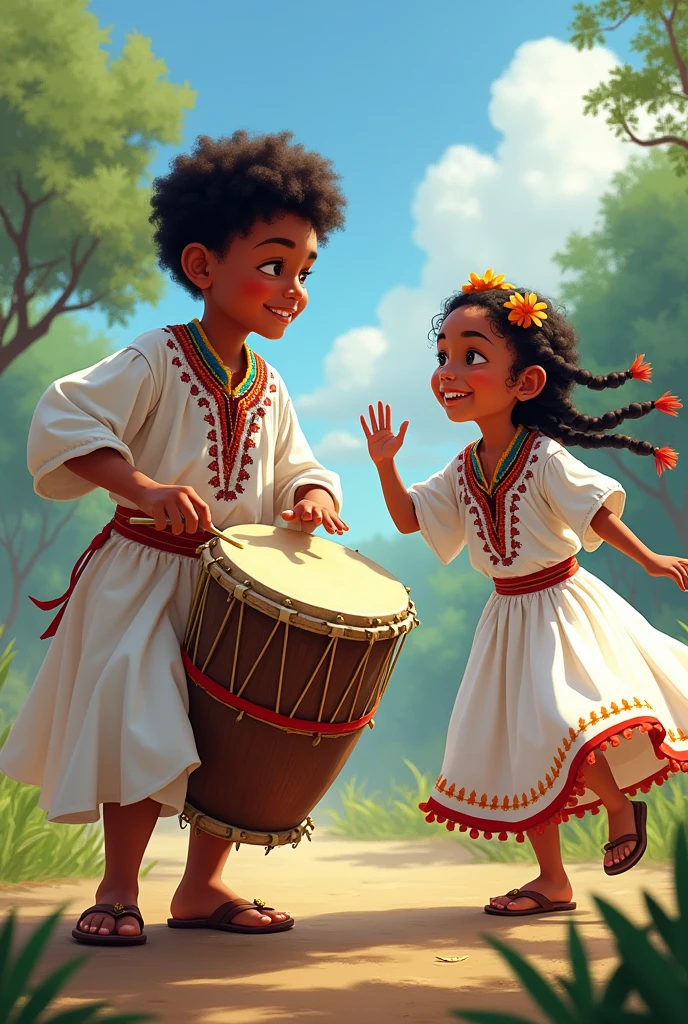 image of a boy with a drum dressed in white and a girl with braids dressed in white Afro-Bolivians dancing