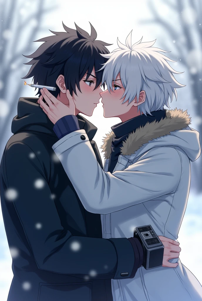 Anime boy wearing dark winter clothes with black hair and white hair tips holding a cigarrette. He is a gangster. He is kissing another anime boy who has white hair and black hair tips. He is a photographer and is wearing white winter clothes. It is snowing in the background.