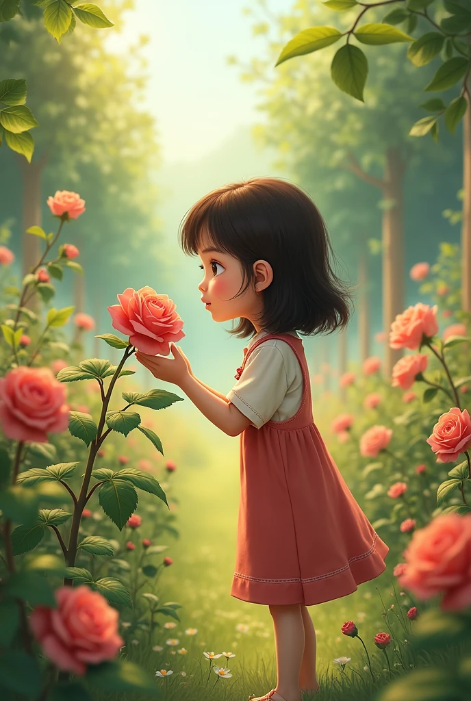 an eight year old girl with chocolate colored hair without bangs with medium length hair, It is in his grandfather's orchard , She is surrounded by many flowers but she is talking to a rose