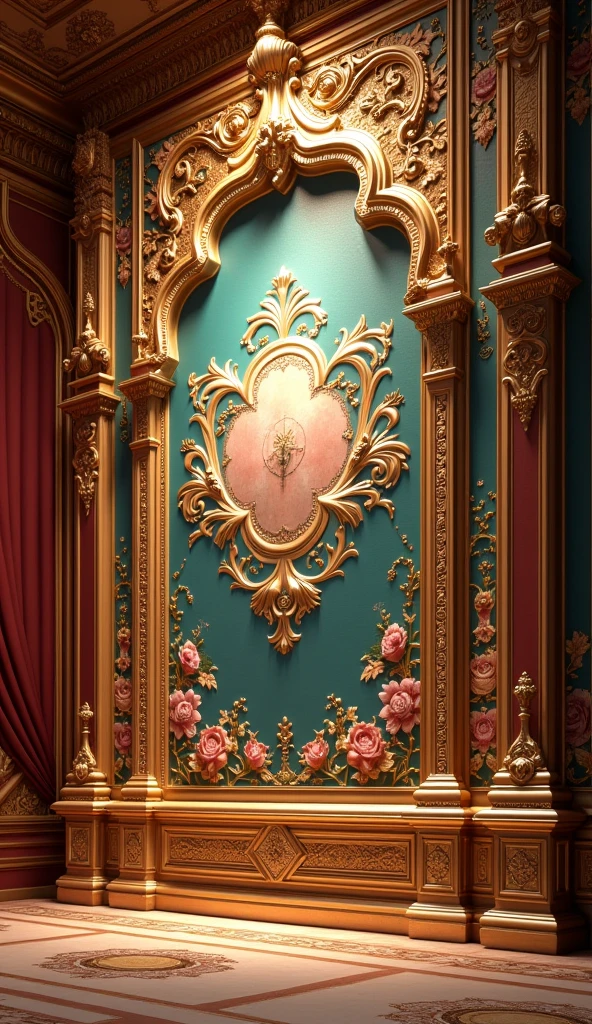 a highly detailed wall decoration, ornate golden embellishments, intricate floral patterns, shimmering lights, opulent royal palace, medical imagery, elaborate architectural design, high-quality 3D render, dramatic lighting, vivid colors, photorealistic, masterpiece