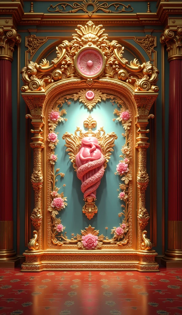 a highly detailed wall decoration, ornate golden embellishments, intricate floral patterns, shimmering lights, opulent royal palace, medical imagery, elaborate architectural design, high-quality 3D render, dramatic lighting, vivid colors, photorealistic, masterpiece