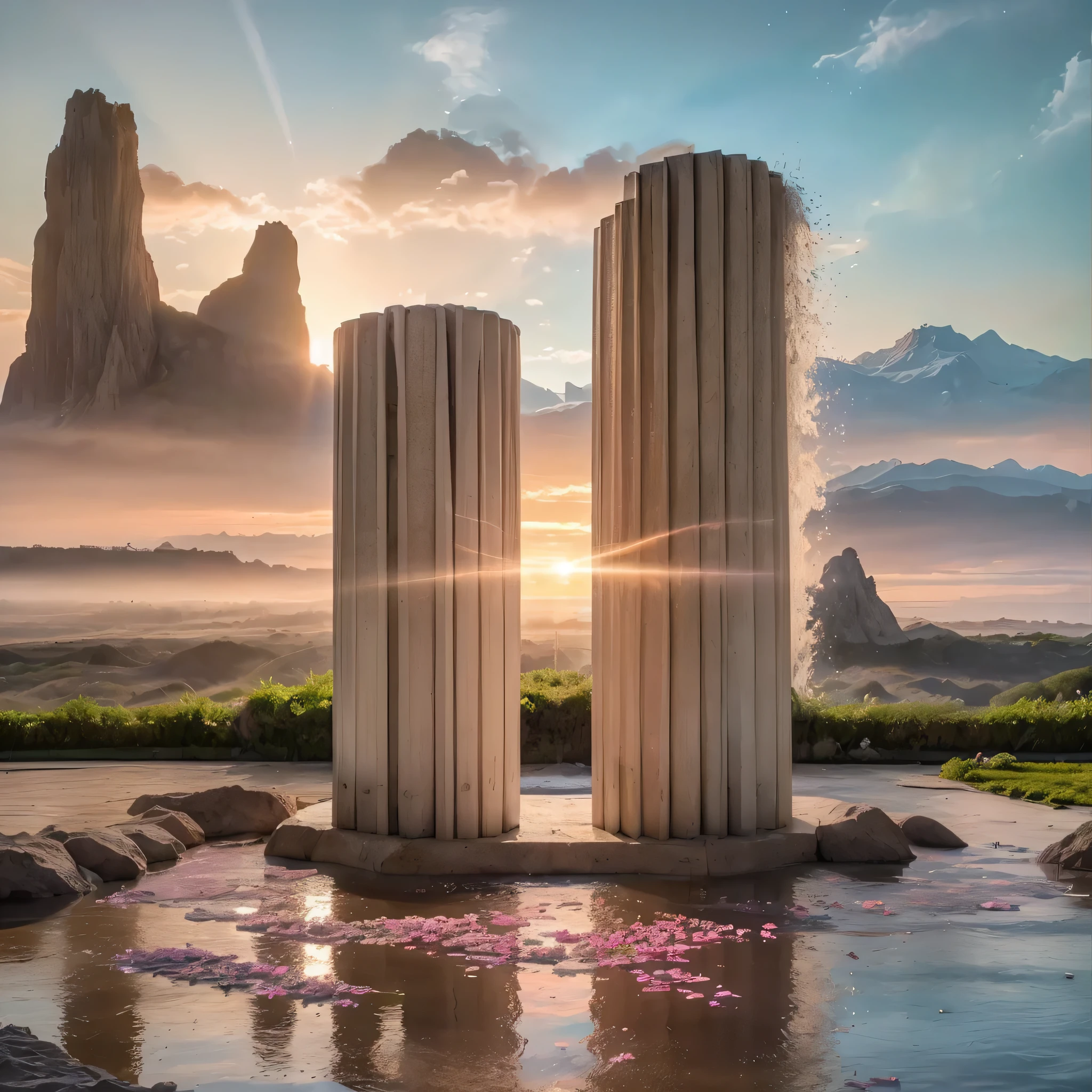 (8k, highest quality, masterpiece, final fantasy style: 1.2), (unRealistic, photoRealistic: 1.37), Dreamy landscape, epic scenes, sunset, Fantasy, Unsurreal landscapes, Super detailed, Flying futuristic  Castle, Floating Island in the Sky, Seven-colored swirl of light, Intense lightning, nebulas,Complex Light, Colored light, blue clear Large Lake, Starry sky reflected on the lake surface, Countless shining stars, Meteors,  Reflections , (A pillar of light emanated from the ground:1,2), (((roses and orchids gardens , bright sunset, pink and blue clouds, waterfalls in the sky, realistic style))), Hyperrealistic drawing , burning futuristic skyscrapers, , timeless realms, healing light magic effect, in a crystal clear blue magical lagoon of the fairyland, crystal clear waters with silver surface reflections, sharp focus, (close-up:0.9), (bright white theme:1.2), (bright white tone:1.2), (deep blue tone:1.3),((( realistic, Hyperrealism, vivid colours , landscapes , alien nature , science fiction themes))), mountains and abyss, water resources and waterfalls , fog , 
