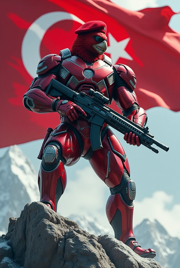 A bodybuilder red Hawk with sun glasses and rifle on the hand red baret on the head ironman style wearing and fearless on a mountain and Turkish flag in the background