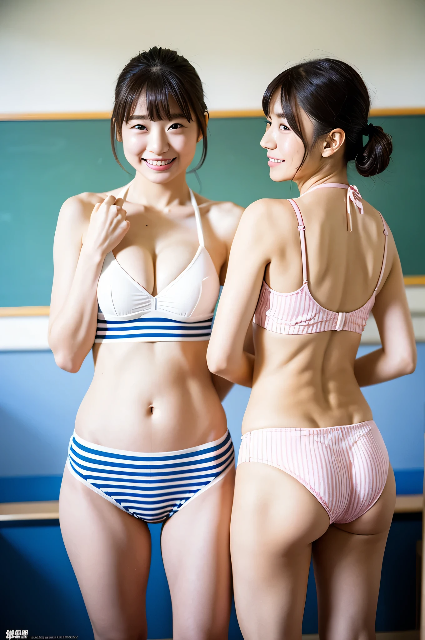 2 girls standing in school classroom,vary light blue and white horizontal thick block stripes bikini with white trim,vary pale pink and white horizontal thick block stripes bikini with white trim, 1,bangs,a little smiles,thighs,knees,crotch,short cut hair,low ponytail,from back