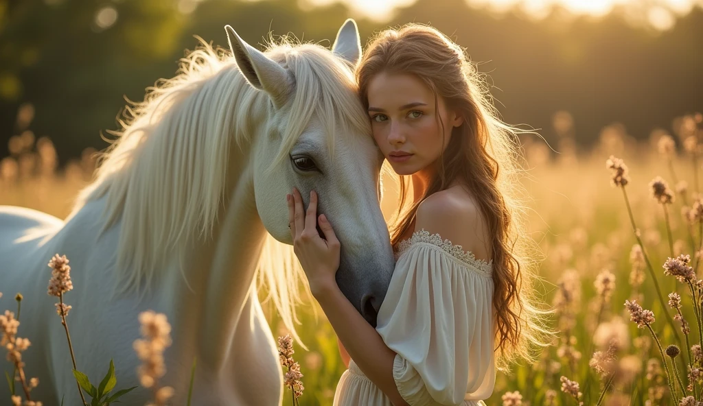 beautiful young gypsy romany woman, with traditional clothes, by the wide, Perfect face, Beautiful eyes, in a very beautiful meadow with spring flowers, with perfect lighting, golden hour of the evening, Very detailed, acariciando un Awesome corcel blanco de largas crines, beautiful image, balanced, Awesome, realistic photo, 8k, cinematic image