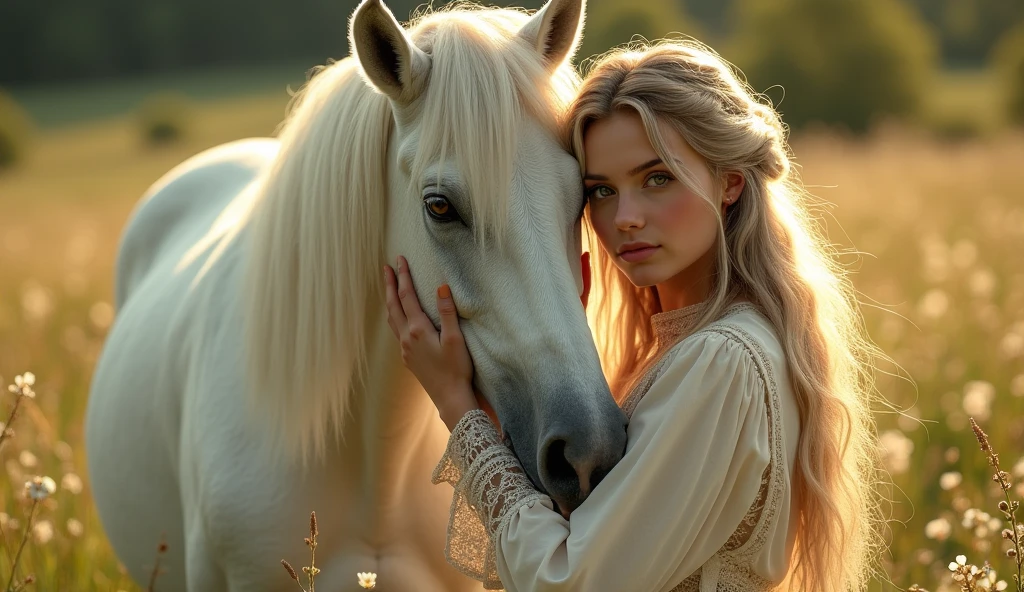 beautiful young gypsy romany woman, with traditional clothes, by the wide, Perfect face, Beautiful eyes, in a very beautiful meadow with spring flowers, with perfect lighting, golden hour of the evening, Very detailed, acariciando un Awesome corcel blanco de largas crines, beautiful image, balanced, Awesome, realistic photo, 8k, cinematic image