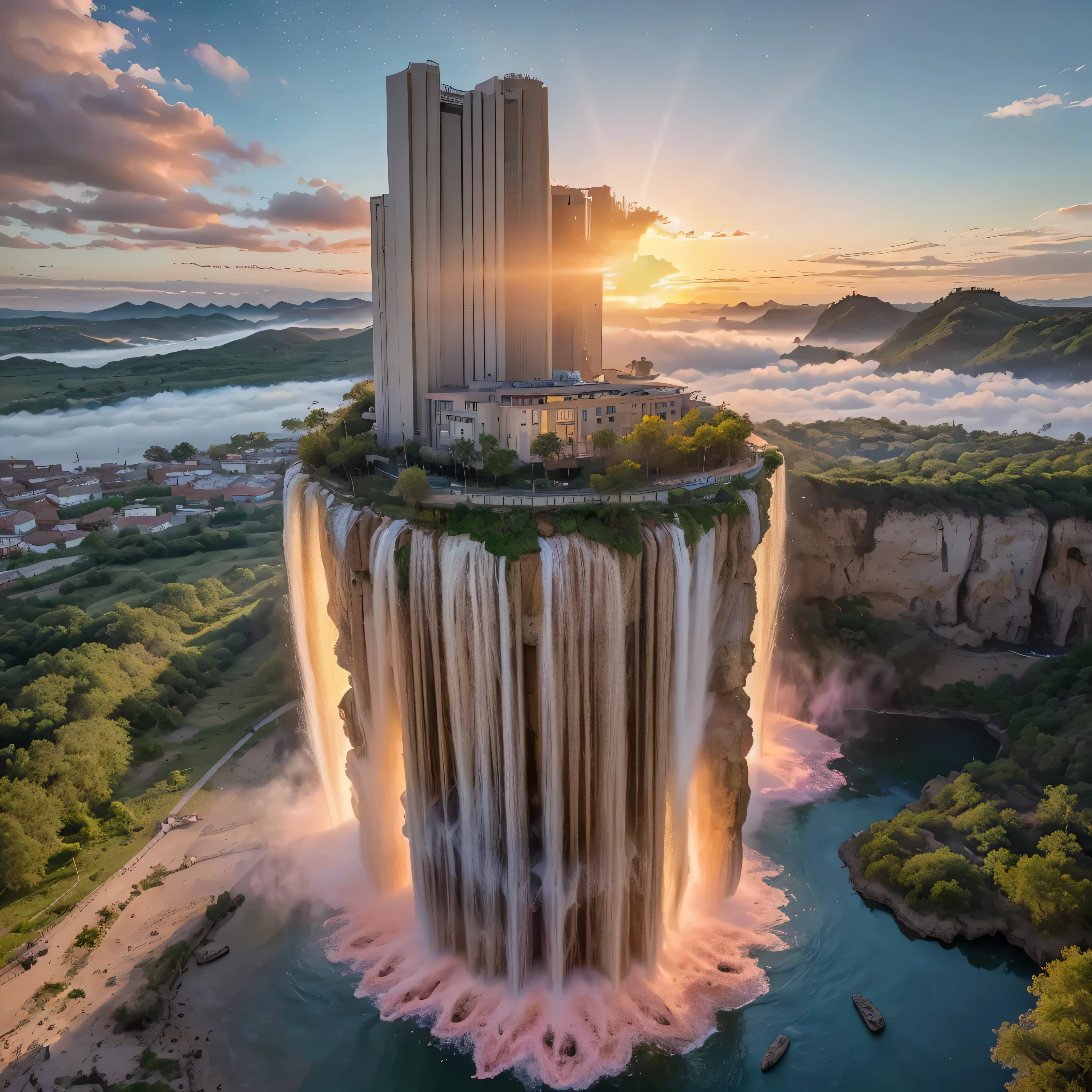(8k, highest quality, masterpiece, final fantasy style: 1.2), (unRealistic, photoRealistic: 1.37), Dreamy landscape, epic scenes, sunset, Fantasy, Unsurreal landscapes, Super detailed, Flying futuristic Castle, Floating Island in the Sky, Seven-colored swirl of light, Intense lightning, nebulas,Complex Light, Colored light, blue clear Large Lake, Starry sky reflected on the lake surface, Countless shining stars, Meteors, Reflections , (A pillar of light emanated from the ground:1,2), (((roses and orchids gardens , bright sunset, pink and blue clouds, waterfalls in the sky, realistic style))), Hyperrealistic drawing , burning futuristic skyscrapers, , timeless realms, healing light magic effect, in a crystal clear blue magical lagoon of the fairyland, crystal clear waters with silver surface reflections, sharp focus, (close-up:0.9), (bright white theme:1.2), (bright white tone:1.2), (deep blue tone:1.3),((( realistic, Hyperrealism, vivid colours , landscapes , alien nature , science fiction themes))), mountains and abyss, water resources and waterfalls , fog ,