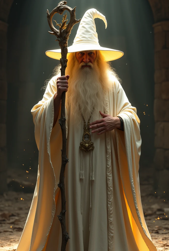 middle aged white wizard, eyes covered by the brim of the pointed white hat, holding a magic staff, white medieval style robes, dark background with golden light and golden particles around the wizard