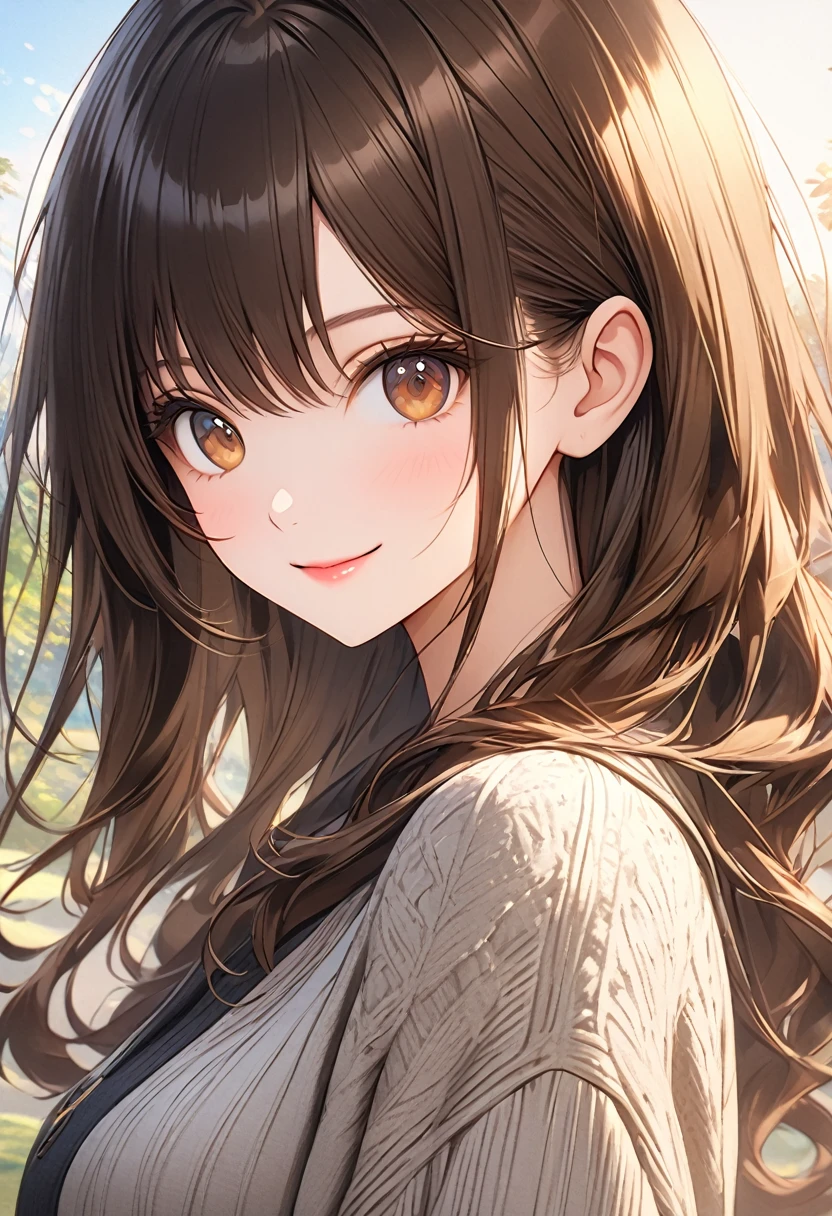 1.5, best quality, high quality, High definition, High quality texture, high detail, beautiful detailed, finely detailed, extremely detailed cg, detailed texture, ((ANIME)), 1girl, woman, female, ((extraordinarily kind)), brown hair, long hair, brown eyes, kind smile, warm nature, medium sized breasts, casual outfit, warm outfit