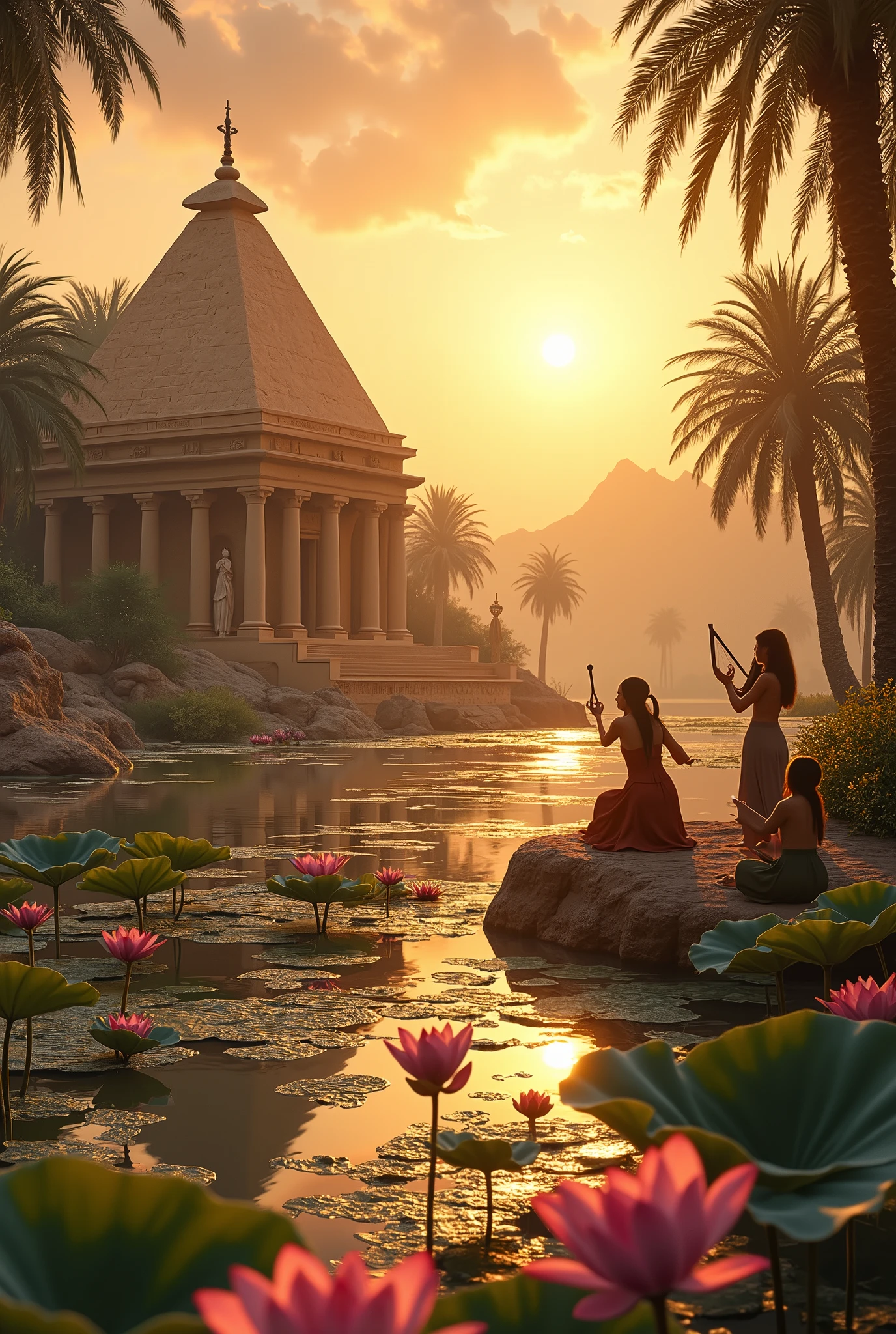 A quiet morning on the banks of the Nile, where a small temple dedicated to Hathor, the goddess of love and music, sits nestled among blooming lotus flowers. Musicians, with lyres and flutes, gather to play soft melodies as the sun rises. Nearby, a group of young women weave intricate patterns into linen, the rhythmic motion of their hands reflecting the calm and peaceful start of the day , cinematic , high details , high quality , 32k