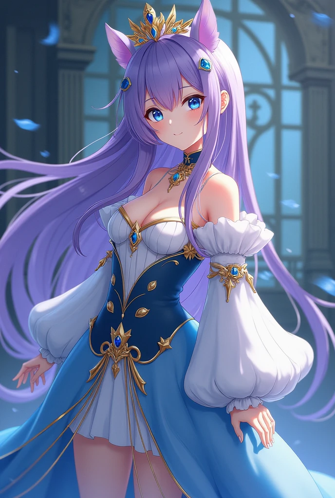 Genshin Impact Princess Outfit Idea for a Full Length Girl, anime, Long purple hair with bangs and dull blue eyes, blue and white clothing with gold idea clothing gemshing impact detailed sleeves showing shoulder full body