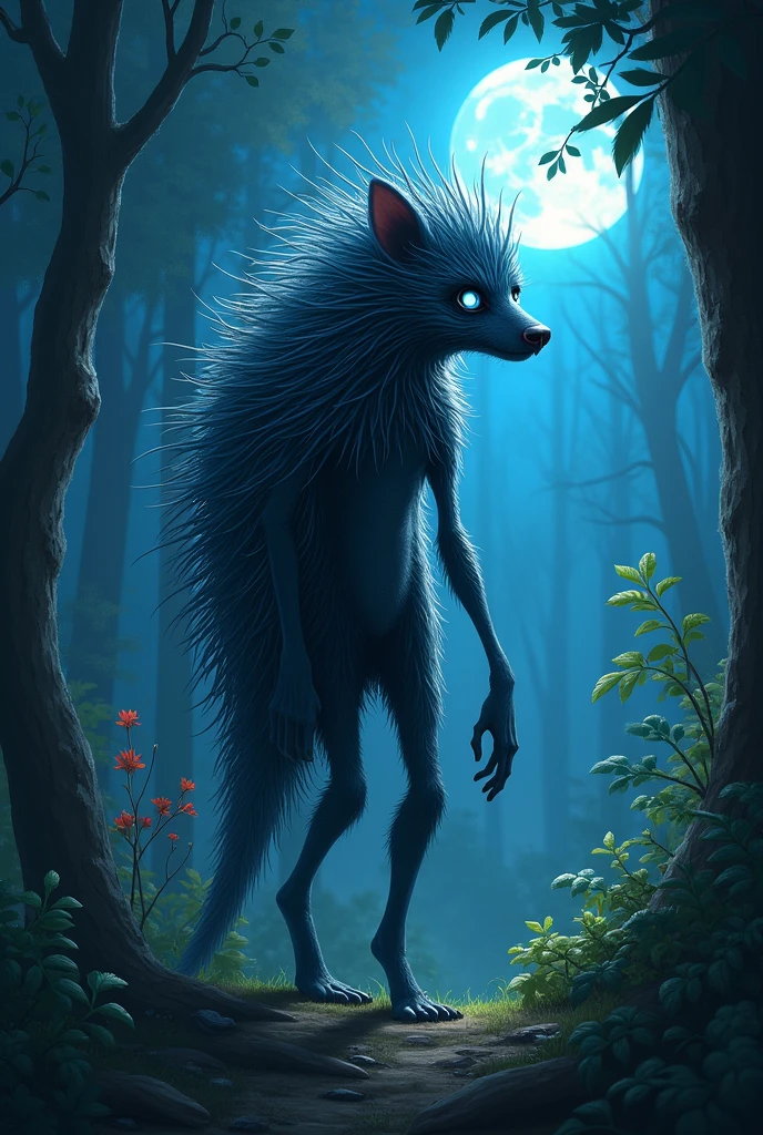 Porcupine Man Thin but not too thin Bright blue eyes In a forest at night