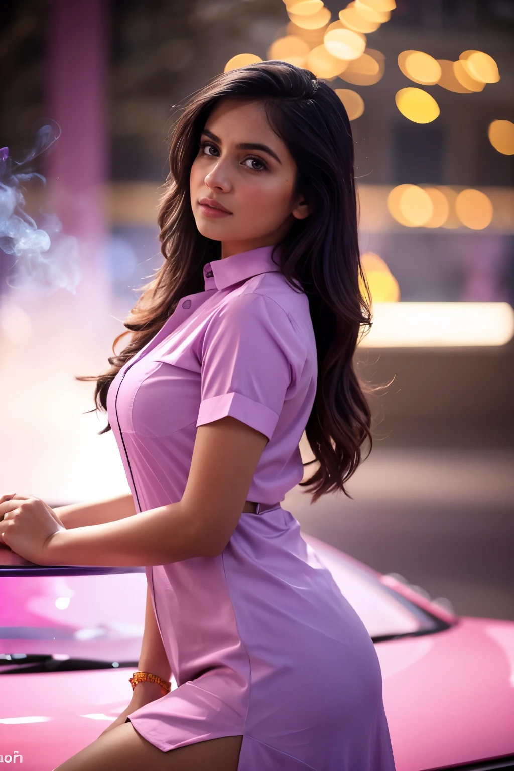 full length photoshoot, gorgeous Indian woman, long curly hair, pretty eyes, high arched eyebrows, seductive look, light purple low-cut silk shirt, blue fitted jeans, stilettos, midnight modern metropolis, spot lighting, backlight on hair, shallow depth of field, bokeh,