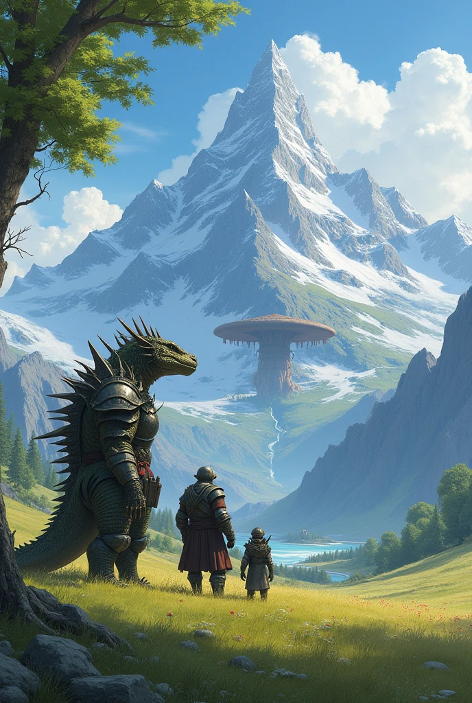 Make a big field full of grass, and next to the image a trio with a dwarf, a lizard man and a knight, looking at the blue sky and admiring the mountain range in the background. Make the lizard man very big and scaly, o cavaleiro maior and more realistic, and the most realistic dwarf , with dark elements, but maintaining the beauty of the mountain range. The Lizard Man and an Armored Humanoid, the slightly smaller dwarf, and with more realistic and obscure details, the lizard man has to be in armor and blades, and more realistic, they have to look at the mountains and be sitting under a mulua tree, the slightly smaller dwarf,as realistic as possible and looking at the mountains put a giant there on the fungus behind the mountains