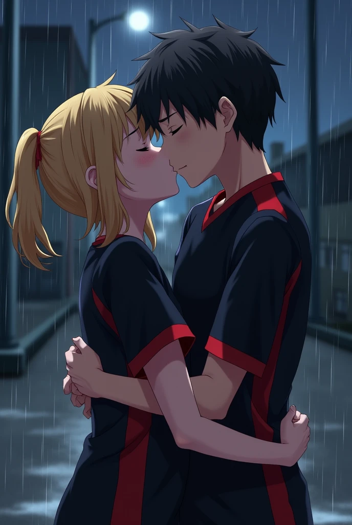 Kenma(blonde and slightly curly hair, half-tied into a ponytail, short boy) and Kuro(tall guy with short black hair) from the volleyball team nekoma from the anime volleyball, in black sportswear with red stripes on the edges, kissing and hugging on the street at night in the rain without an umbrella.