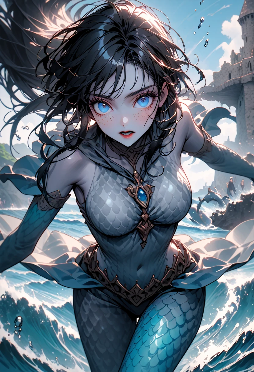 female, dolphin girl mermaid, dolphin lower half, spotted grey skin with freckles:1.4, long black hair, blue eyes, very large breasts, flippers at hips, long eyelashes, energetic, playful, boundless energy, leaping through waves, island port, sunny, blue waters, fantasy, medieval, close up, improvised clothing