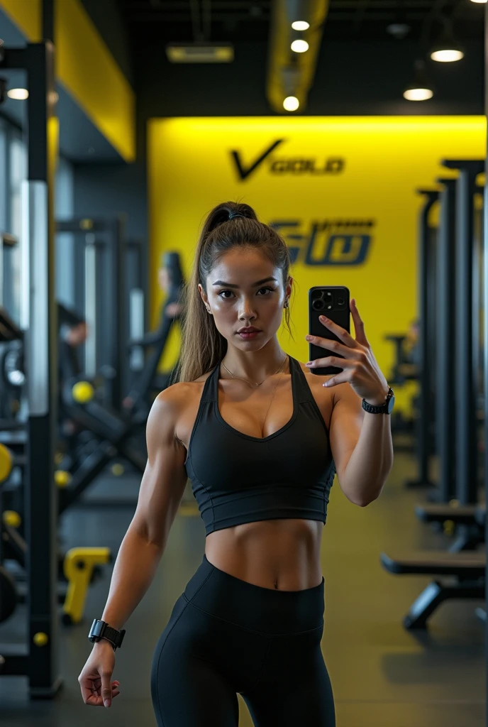 2 muscular girl with a young face taking a picture in the mirror with her cell phone in the gym with black and yellow-green equipment and VSgold written on the wall