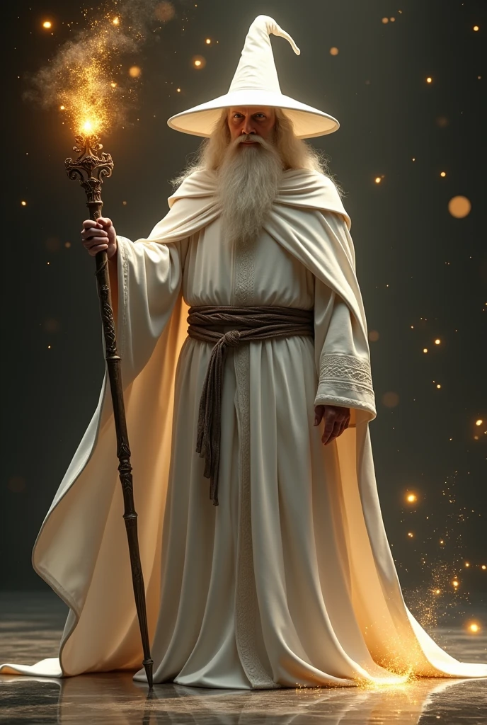 30 year old white wizard, eyes covered by the brim of the pointed white hat, holding a magic staff, white medieval style robes, dark background with golden light and golden particles around the wizard
