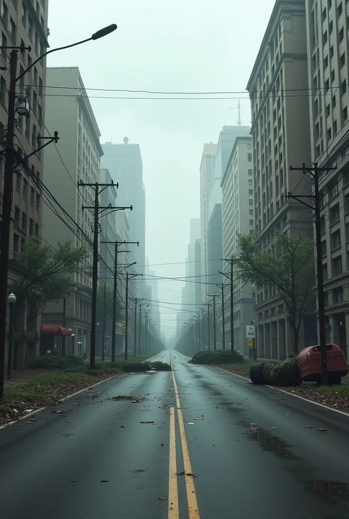 A model that looks like a very wide street and has some fallen trees and poles that obstruct the passage.