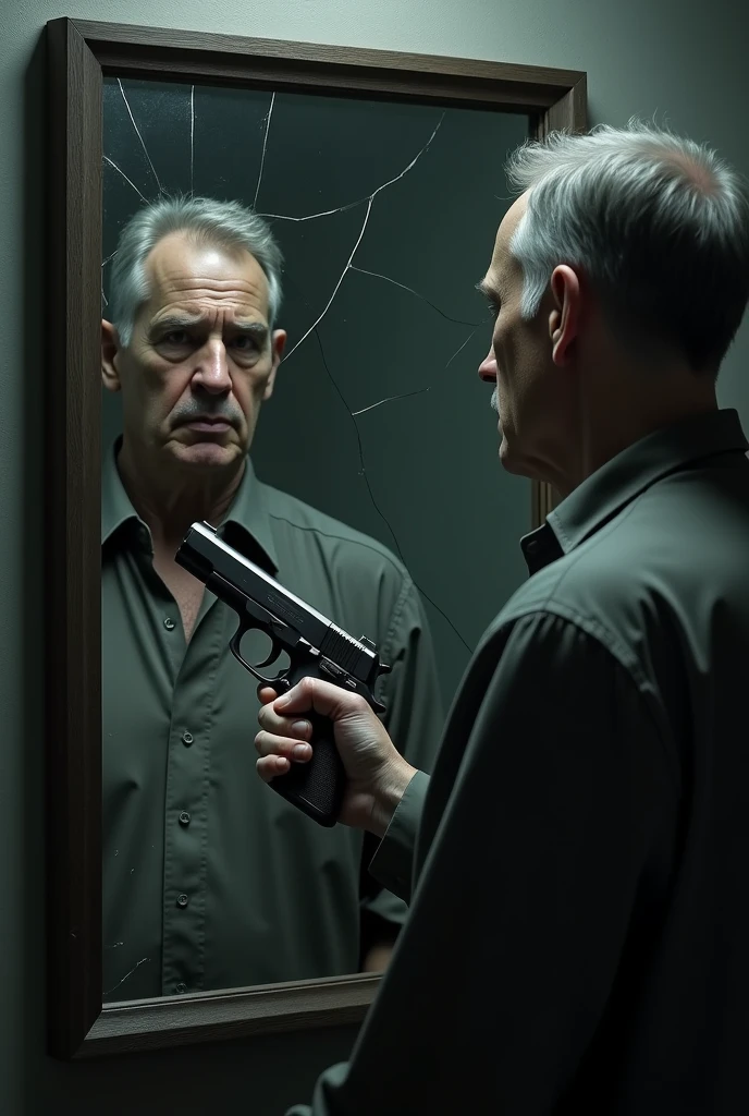 A man standing in front of a mirror, with deep sadness in his eyes, is pointing a gun at himself. His reflection is clearly visible in the mirror, but the reflection of the
in the mirror is slightly cracked and broken. This crack symbolizes the man's emotional fragility and inner conflict." (angry look)