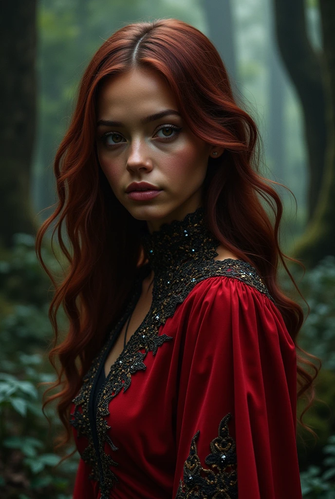 a girl from the waist up with dark skin with long wavy cherry-colored hair wearing a red outfit with black and gold details looking straight ahead with a dark enchanted forest background