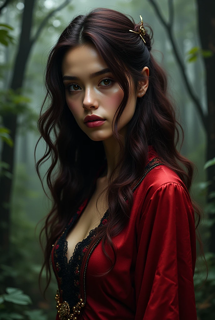 a girl from the waist up with dark skin with long wavy cherry-colored hair wearing a red outfit with black and gold details looking straight ahead with a dark enchanted forest background