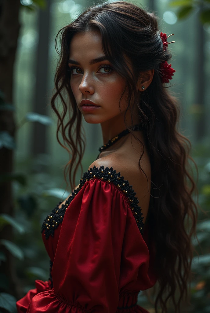 a girl from the waist up with dark skin with long wavy cherry-colored hair wearing a red outfit with black and gold details looking straight ahead with a dark enchanted forest background