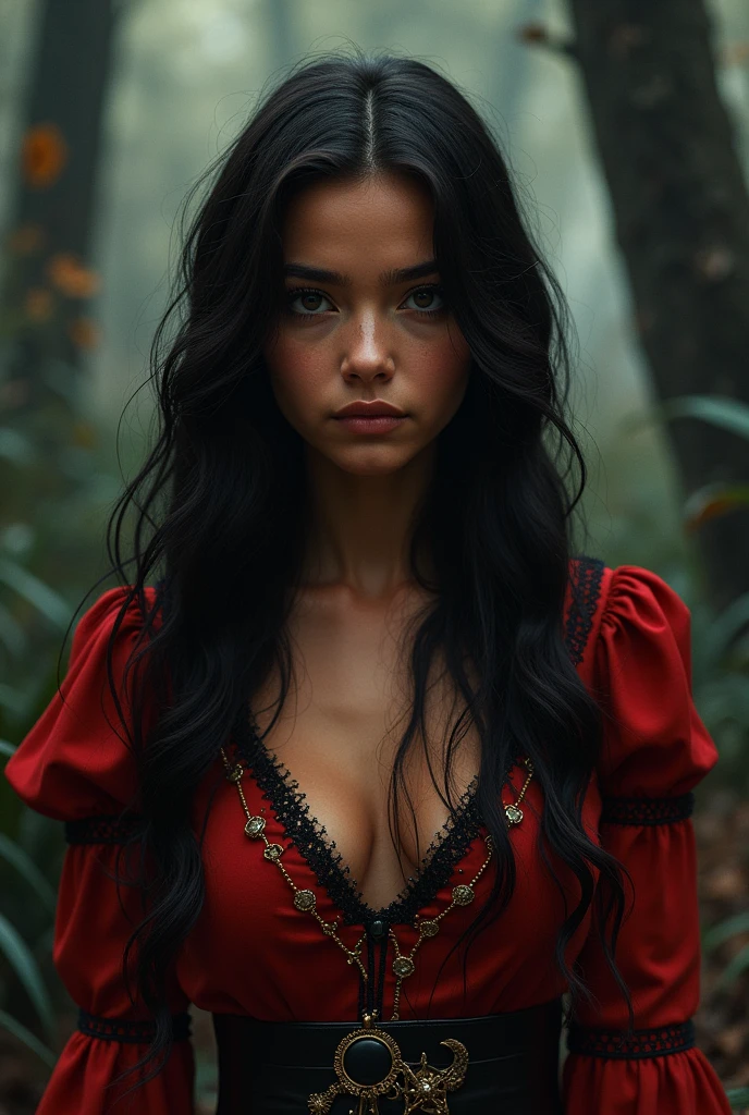 a girl from the waist up with dark skin with long wavy cherry-colored hair wearing a red outfit with black and gold details looking straight ahead with a dark enchanted forest background
