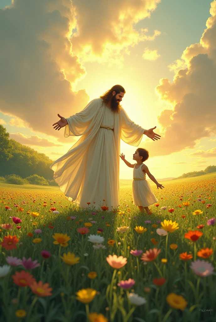 the father ( GOD) welcomes the child home: but necessary is a transformation, before having the right to be home again.  in the background a beautiful landscape like a green field full of flowers, a radiant sky in the late afternoon