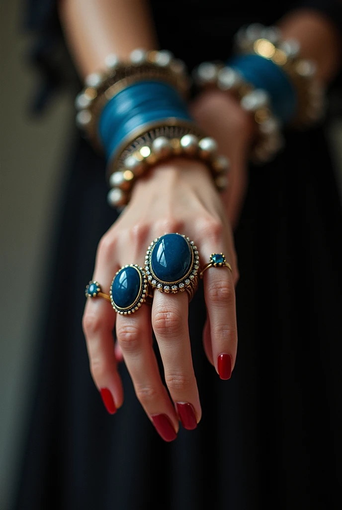 H/b photo, only jewels in color. Sophisticated, elegant female hand, almost the whole frame. On the fingers are large rings in the Boho style with bright dark blue stones. Boho style bracelets on the wrist. Backstage the woman's body is out of focus. 3:5