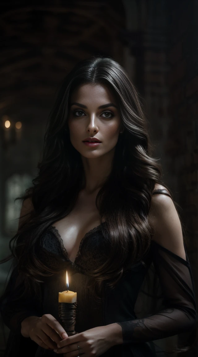 Create the wide-shot full-body image of a handsome vampire, noble and elegant lady, Beautiful alluring colorless eyes, A vampire with a refined and elegant appearance, Loose very long and luscious hairs and angular features, her skin should be pale and flawless, With a touch of potus transcendental beauty, her eyes should be deep and seductive, (They have to wear sheer erotic clothes, That are transparent, modern and timeless), The background should be shrouded in shadow, Just a hint of moonlight broke through the darkness, (((In the joined hands in front of her she holds a fiery candle that spreads its glow on his beautiful body and hairs))), What is presented to others, gothic art style, Ultra-realistic realism, Psychedelic surrealist art, Surreal psychedelic design, Dreaming style, psychedelic art, Quality Quantity, skin texture, intricate details, (cinematic graphic lighting), RAW, 8K,