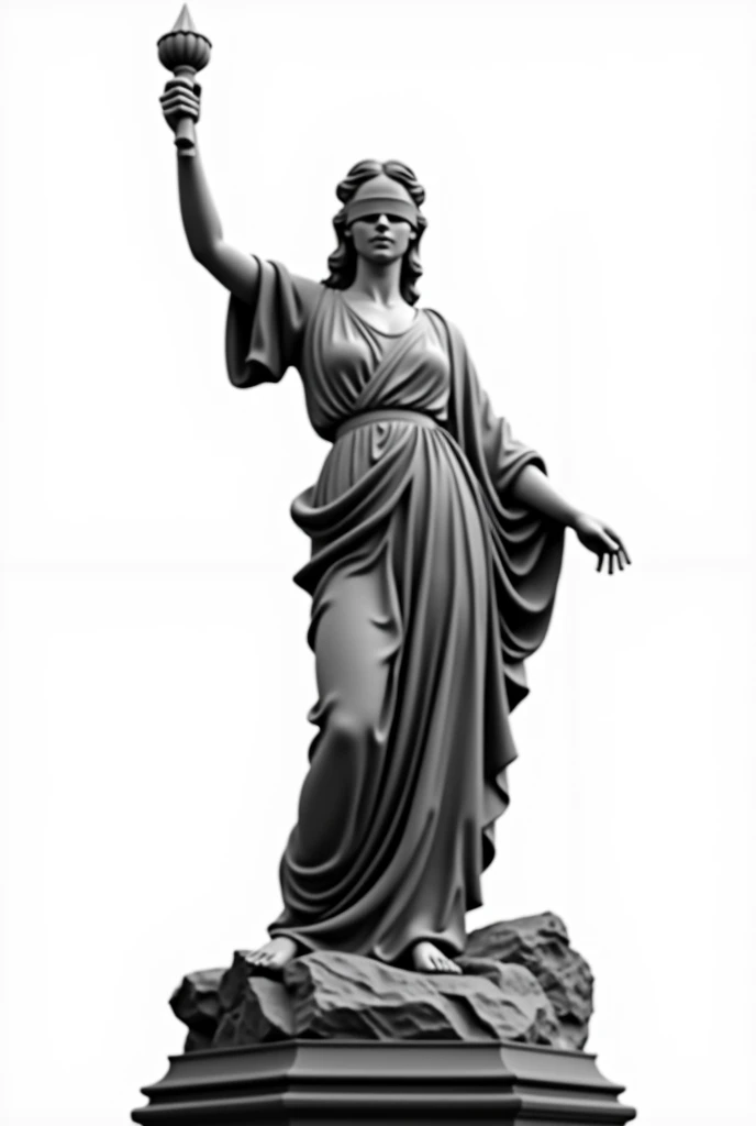 (photorealism:1.2), Statue of a woman representing justice, blindfolded, in his right hand lifting the blindfold covering his eyes, in the left hand that has the arm raised and holding a torch, that said woman is on a rock, White background
