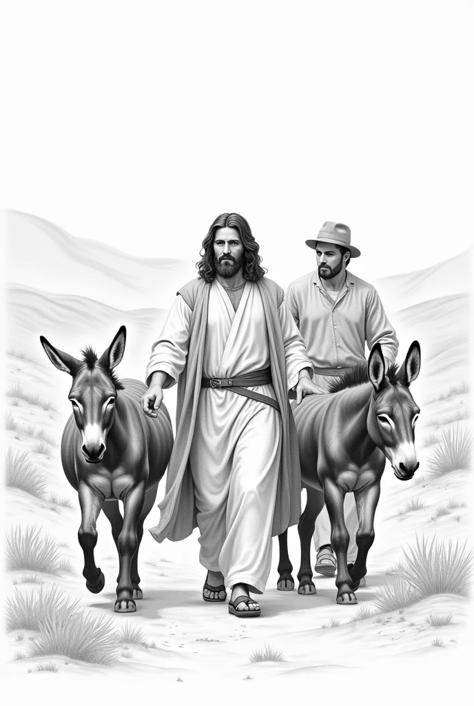 Jesus had two donkeys and a farmer at his side following him., pencil and paper drawing style