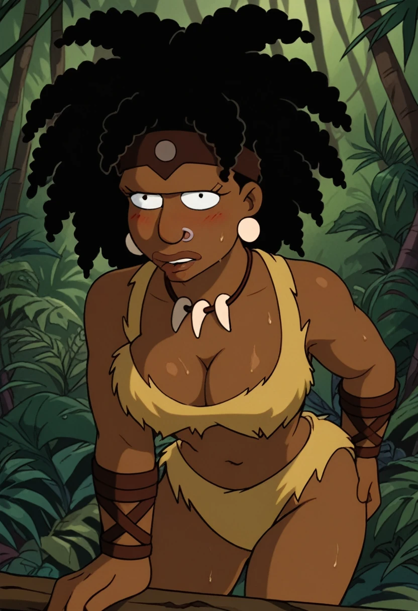 Ornik, dreadlocks,afro , standing, upper body, solo covered nipples,
OrnAttire,tooth necklace,sandals,headband ,cleavage, underboob, midriff , torn crop top, underwear,
jungle,
(insanely detailed, beautiful detailed face, masterpiece, beautiful detailed eyes, best quality) <lora:Ornik:0.7>