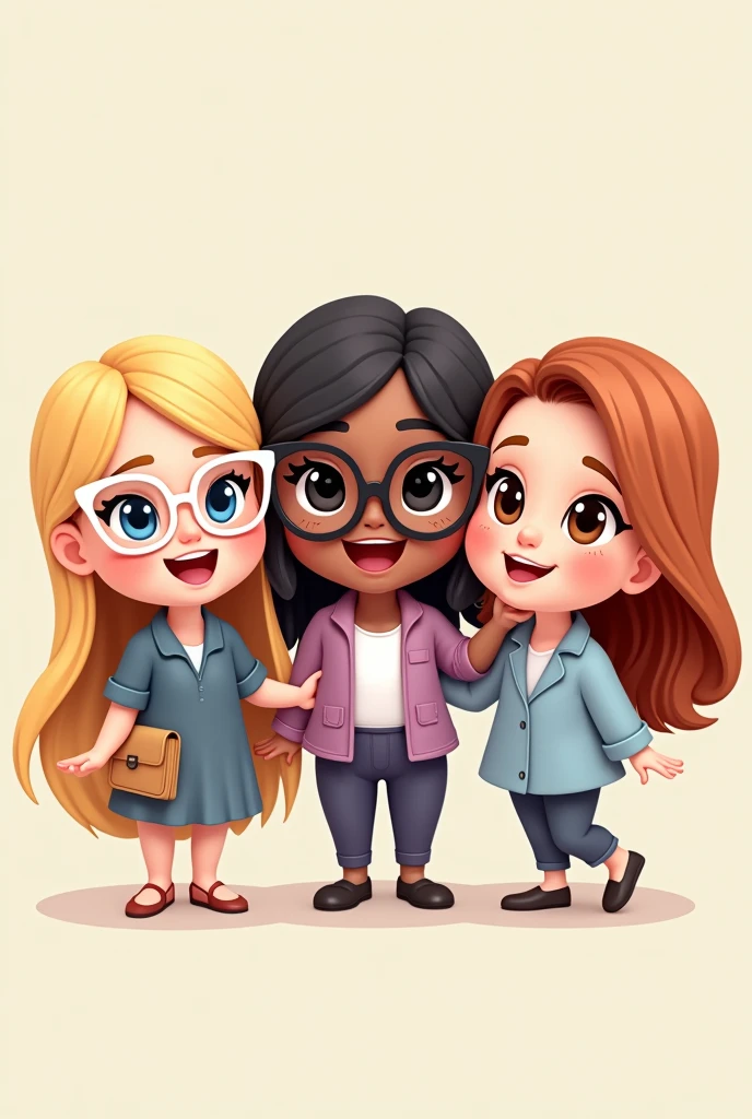create three cheerful teacher avatar dolls together bitmoji style. A blonde, blue-eyed teacher with long hair, of blond and straight color, she wears white-framed glasses. A white teacher with black eyes has black hair, Medium & Smooth, wears glasses and has black eyes. A very white teacher, shoulder length reddish brown wavy hair Brown eyes and very sweet and gentle, lilac clothing