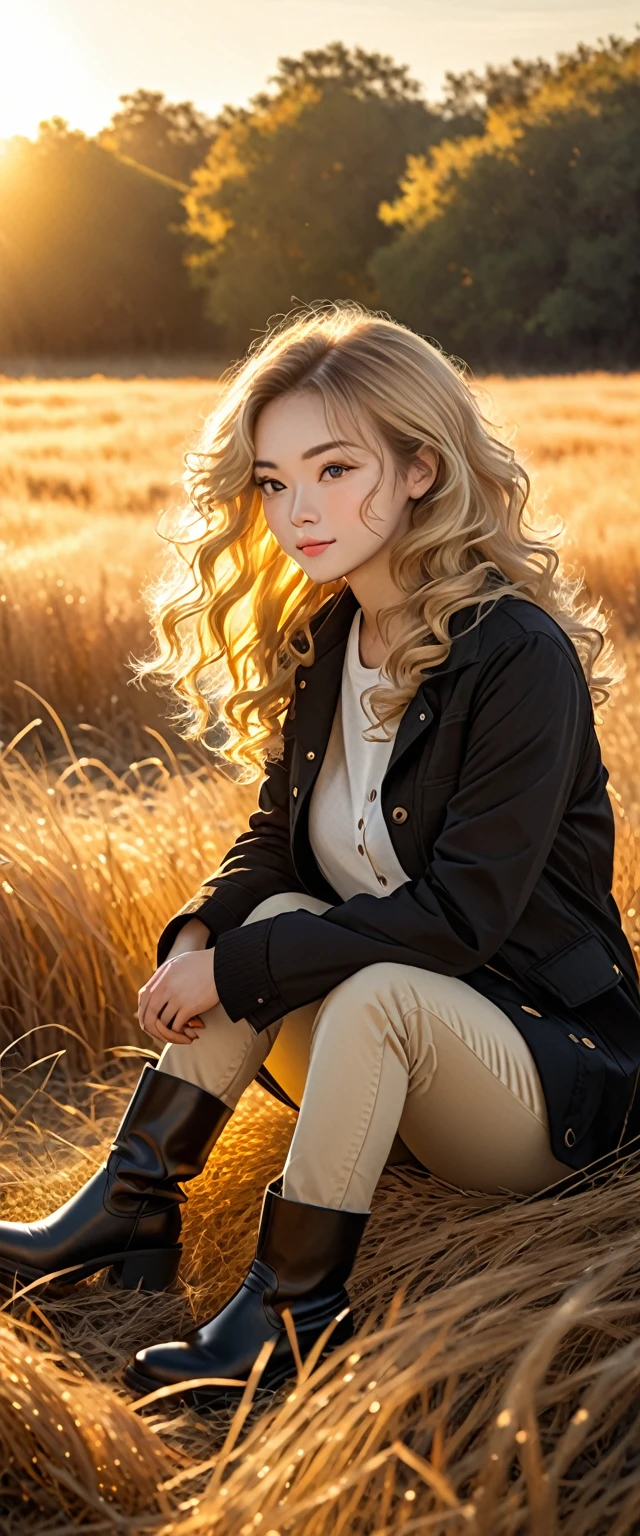 The image shows a person with long, curly blonde hair sitting in a field of tall, dry grass. The person is dressed in a dark jacket, light-colored pants, and black boots. The scene is illuminated by warm, golden sunlight, suggesting that it is either early morning or late afternoon. The overall atmosphere of the photo is peaceful and serene.