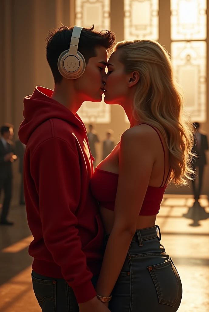 Young boy with red hoodie, headphones and tennis Vs. Scarlett johanson (Big tits), power, fiction, full body, 2 person, Romance, Embrace, kiss on the mouth