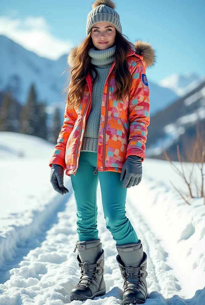 Female, Caucasian, green eyes, long wavy brown hair.colorful ski jacket, thermal leggings, snow boots.