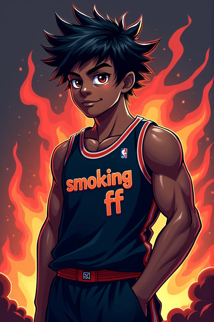 Create a mascot logo and make the mascot a dark-skinned gamer boy with black hair wearing a black basketball shirt and underneath it has the name smoking ff