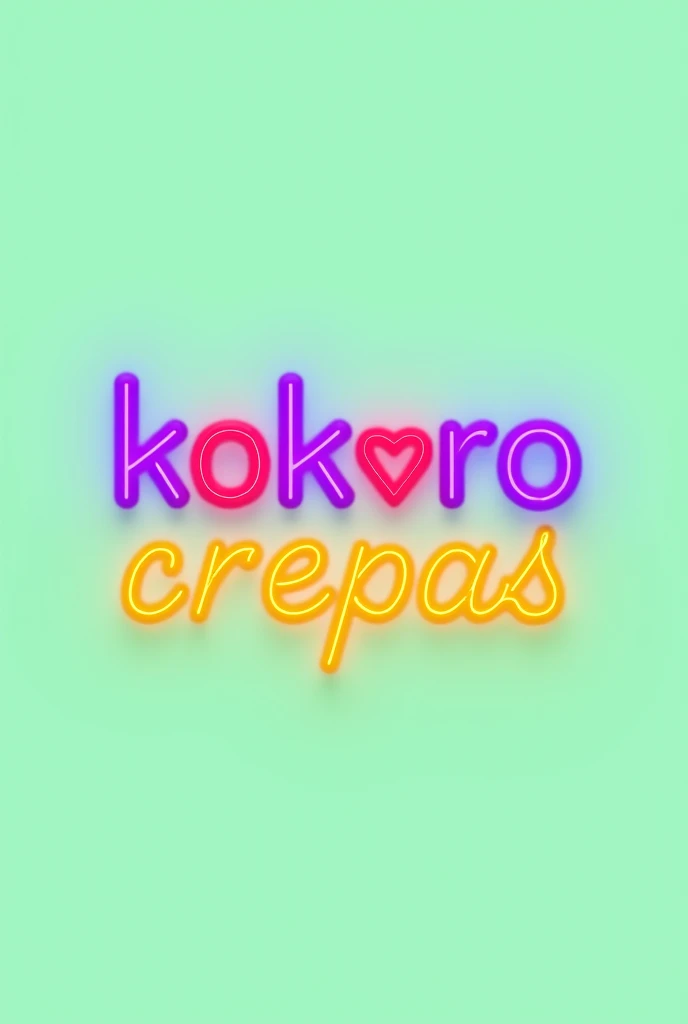 Title for a business logo with the Name (KOKORO CREPAS), (the word KOKORO in purple and the first letter "O" is replaced by a red heart), (the word CREPAS in yellow with a cursive font style and located below the word KOKORO), all with a neon style, on a completely light green and flat background