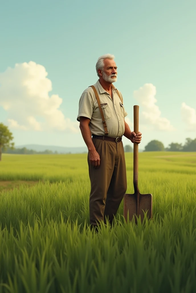 Farmer man holding a hoe white shirt and brown pants. He is in the middle of the green field, the grass is low. This man displays simplicity and determination.