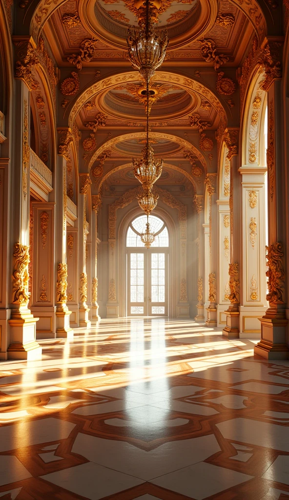 a highly detailed hall room, ornate golden embellishments, intricate floral patterns, shimmering lights, opulent royal palace, elaborate architectural design, medical imagery, high-quality 3D render, dramatic lighting, vivid colors, photorealistic, masterpiece, long path view