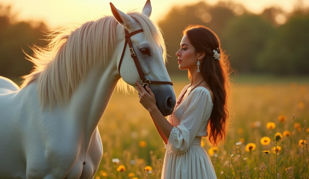 Beautiful young gypsy Romani woman of 2, Sculptural body, brunette in traditional clothes, by the wide, abundant black , Perfect face, Beautiful eyes, in a very beautiful meadow with spring flowers, with perfect lighting, golden hour of the evening, Very detailed, acariciando un Awesome corcel blanco de largas crines, beautiful image, balanced, Awesome, realistic photo, 8k, cinematic image
